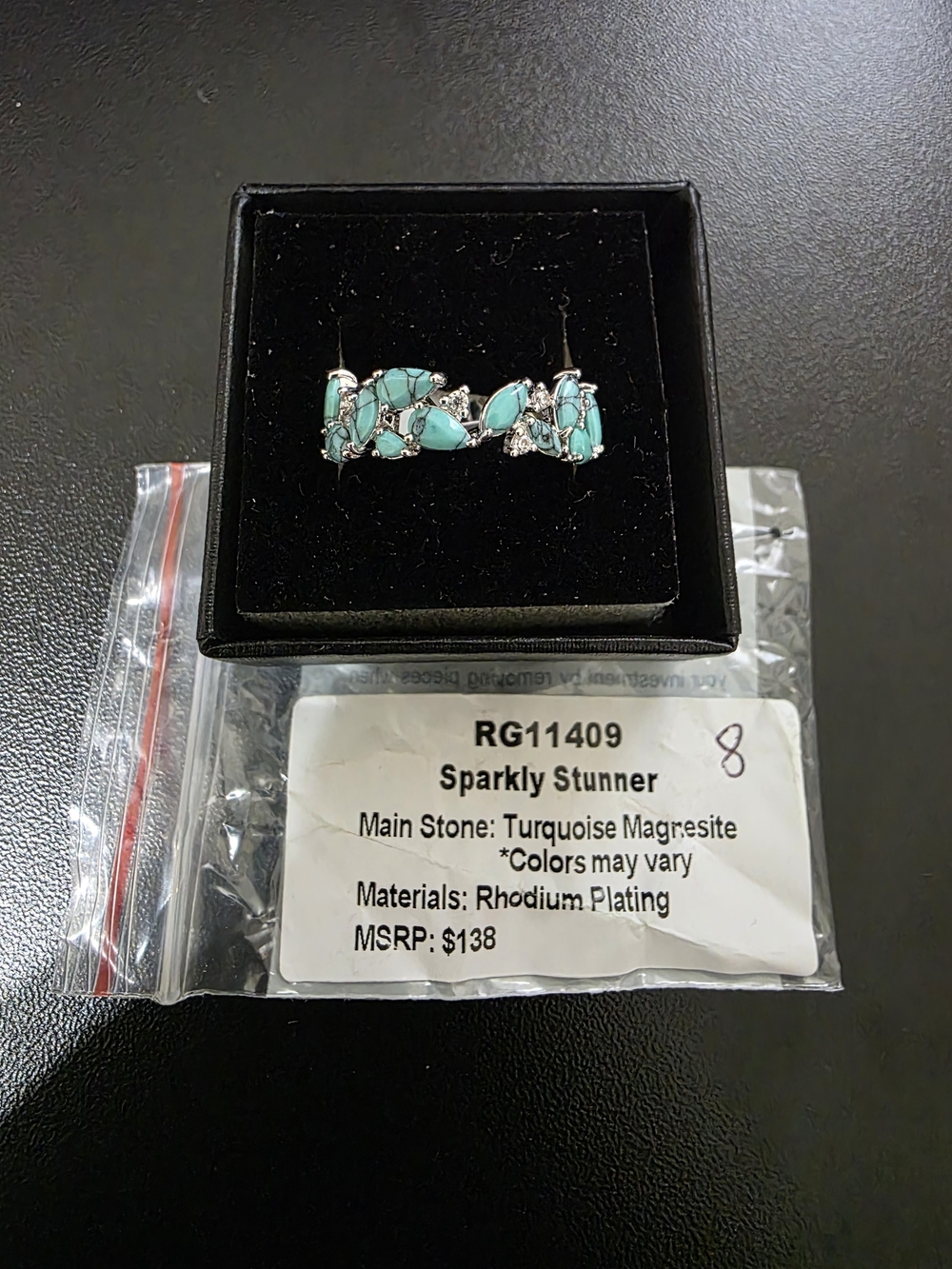 Sparkly Stunner Turquoise Magnesite Ring — Rhodium Plating Size 8
